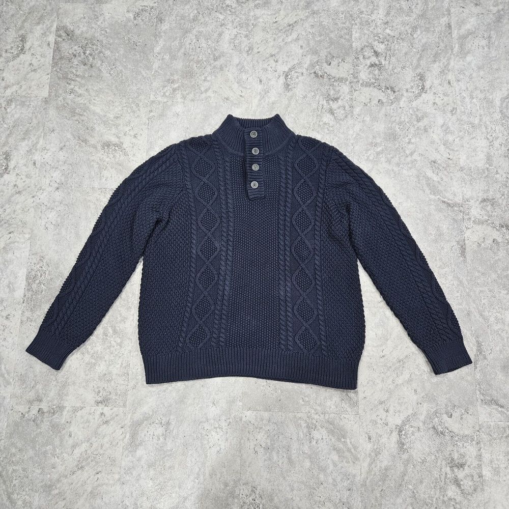 LL Bean Signature Fisherman Button Henley Sweater Blue‎ Cable Knit MENS XL Mock